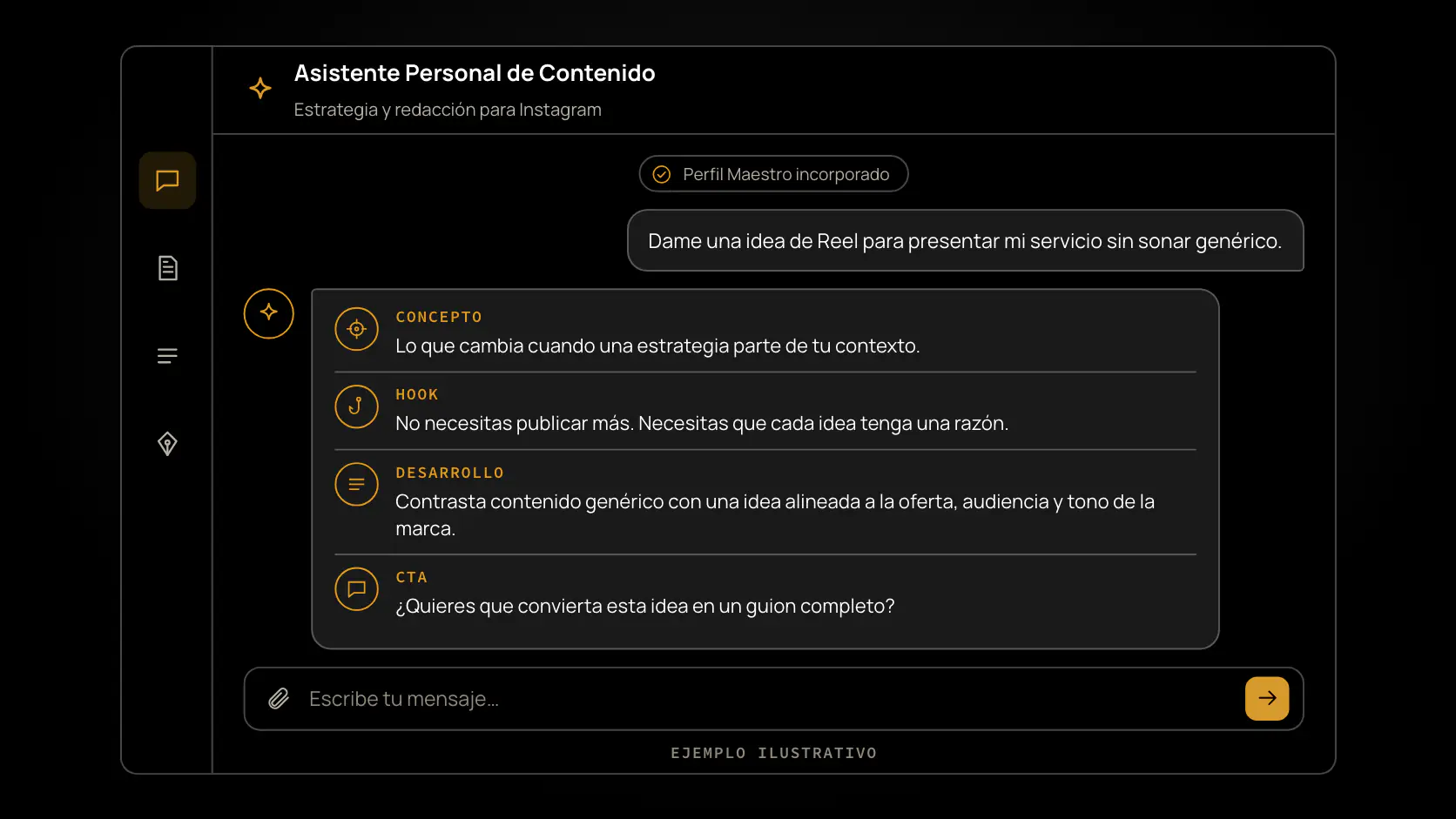 Conversación de ejemplo con el Asistente creando una idea de Reel a partir del Perfil Maestro